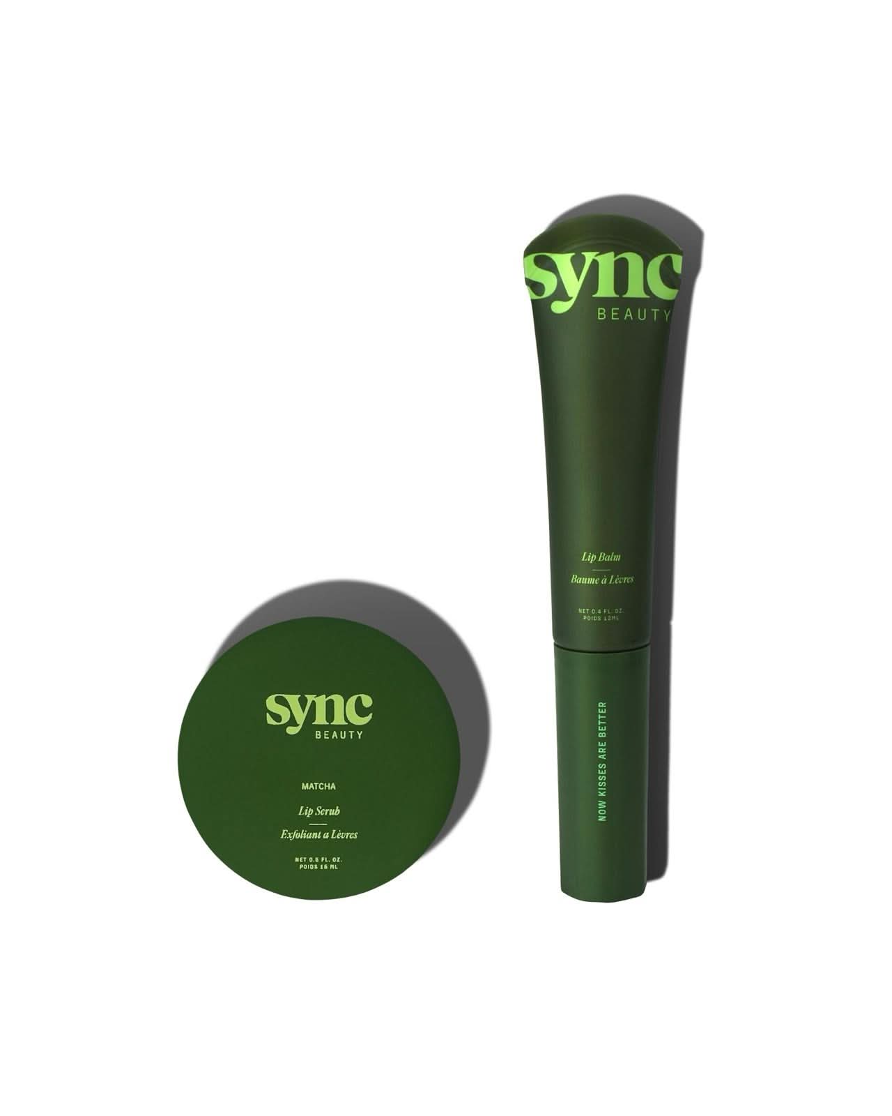 Sync Beauty Lip Care Set with matcha lip scrub and lip balm