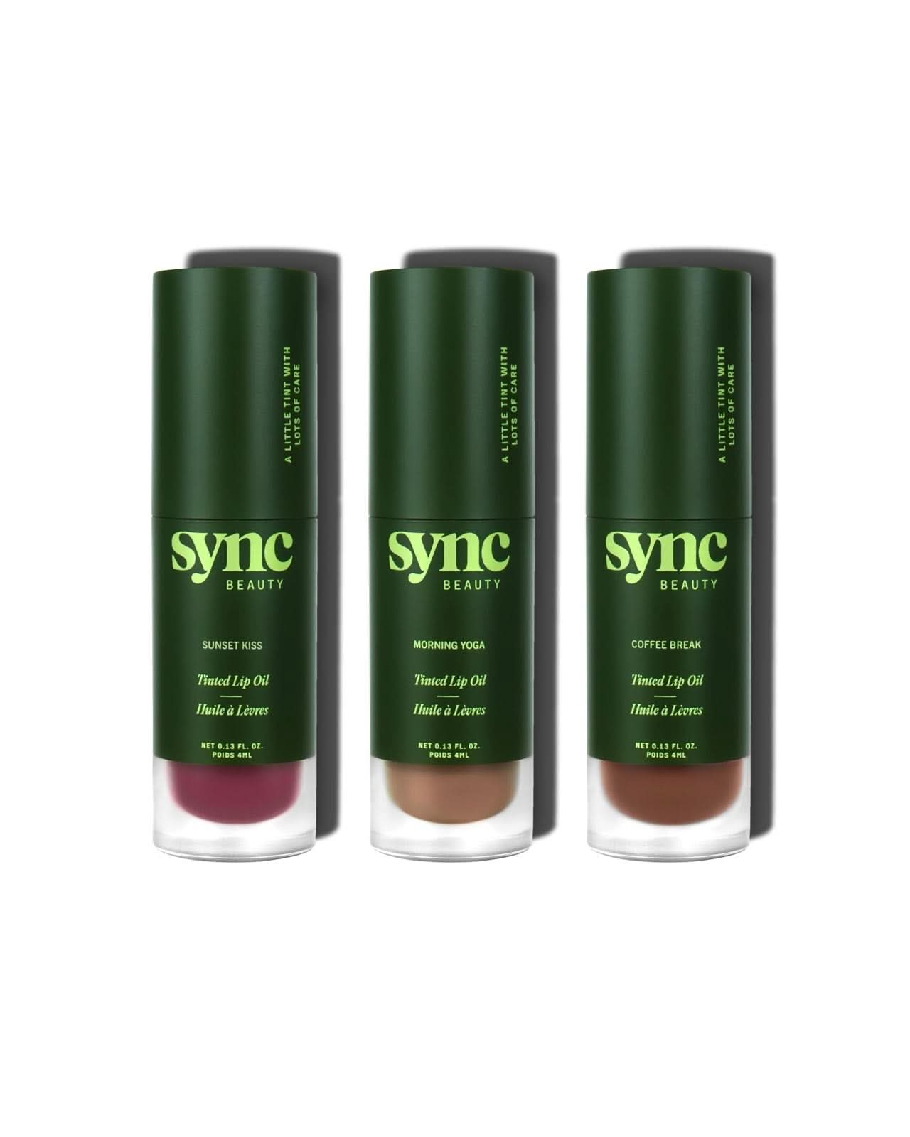 Sync Beauty Tinted Lip Oil Trio with Morning Yoga, Coffee Break, and Sunset Kiss