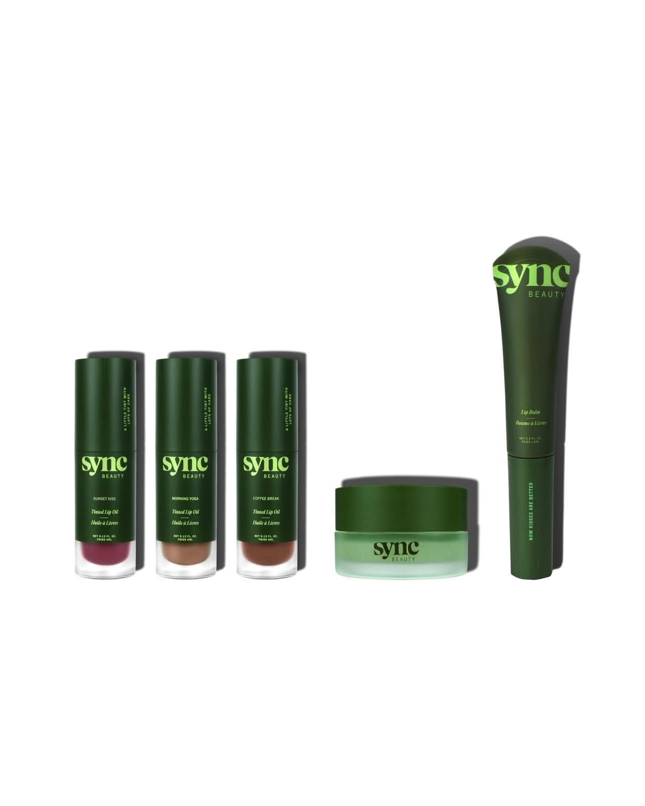 Sync Beauty Full Lip Set with lip scrub, lip balm, and three tinted lip oils