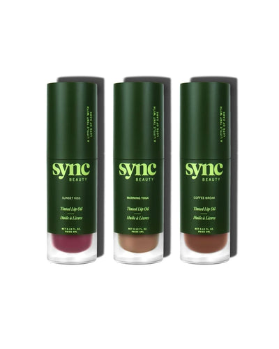 Sync Beauty Tinted Lip Oil Trio with Morning Yoga, Coffee Break, and Sunset Kiss